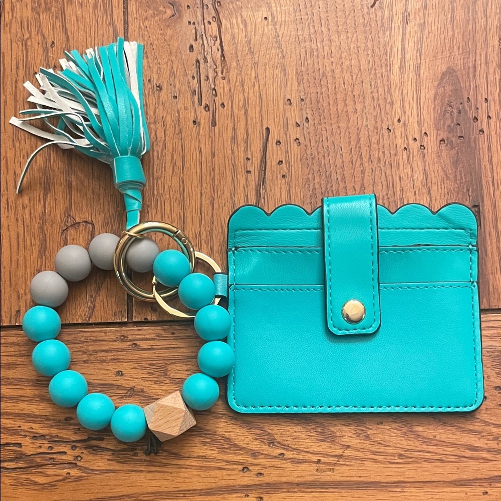 Turquoise Scalloped Card Holder with Beaded Tassel Keyring